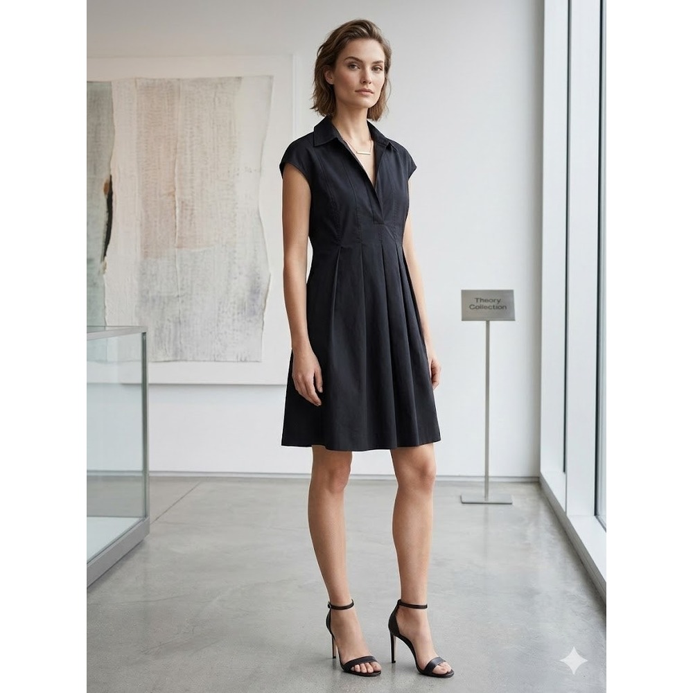 Theory‎ Betha Black Cotton Poplin V-Neck Cap Sleeve Shift Dress Size 8 80174627